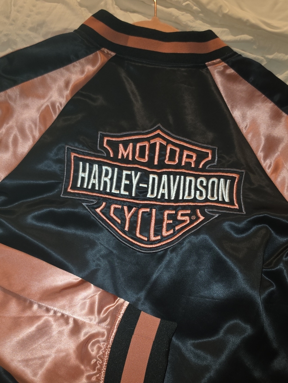 Harley-Davidson Black and Rose Gold Satin Bomber Jacket